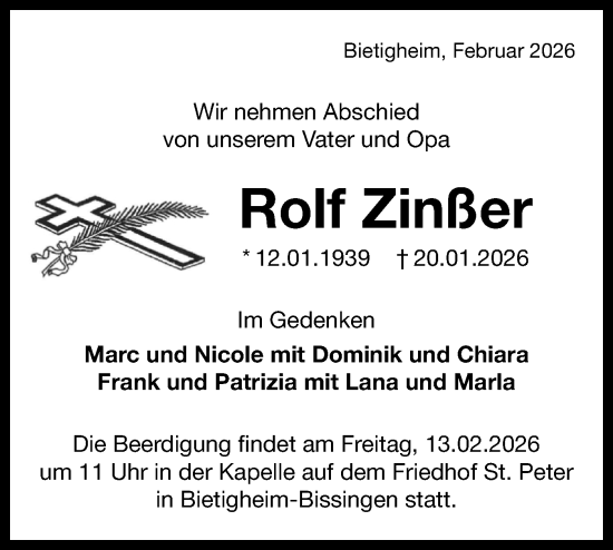 Traueranzeige von Rolf Zinßer von Bietigheimer Zeitung