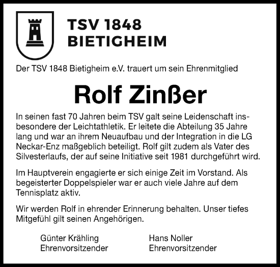 Traueranzeige von Rolf Zinßer von Bietigheimer Zeitung