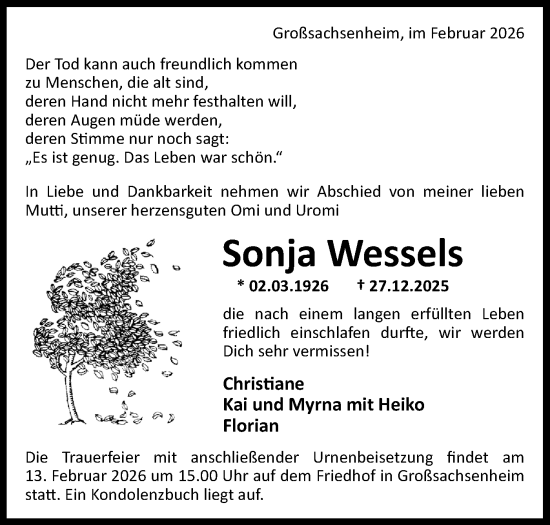 Traueranzeige von Sonja Wessels von Bietigheimer Zeitung