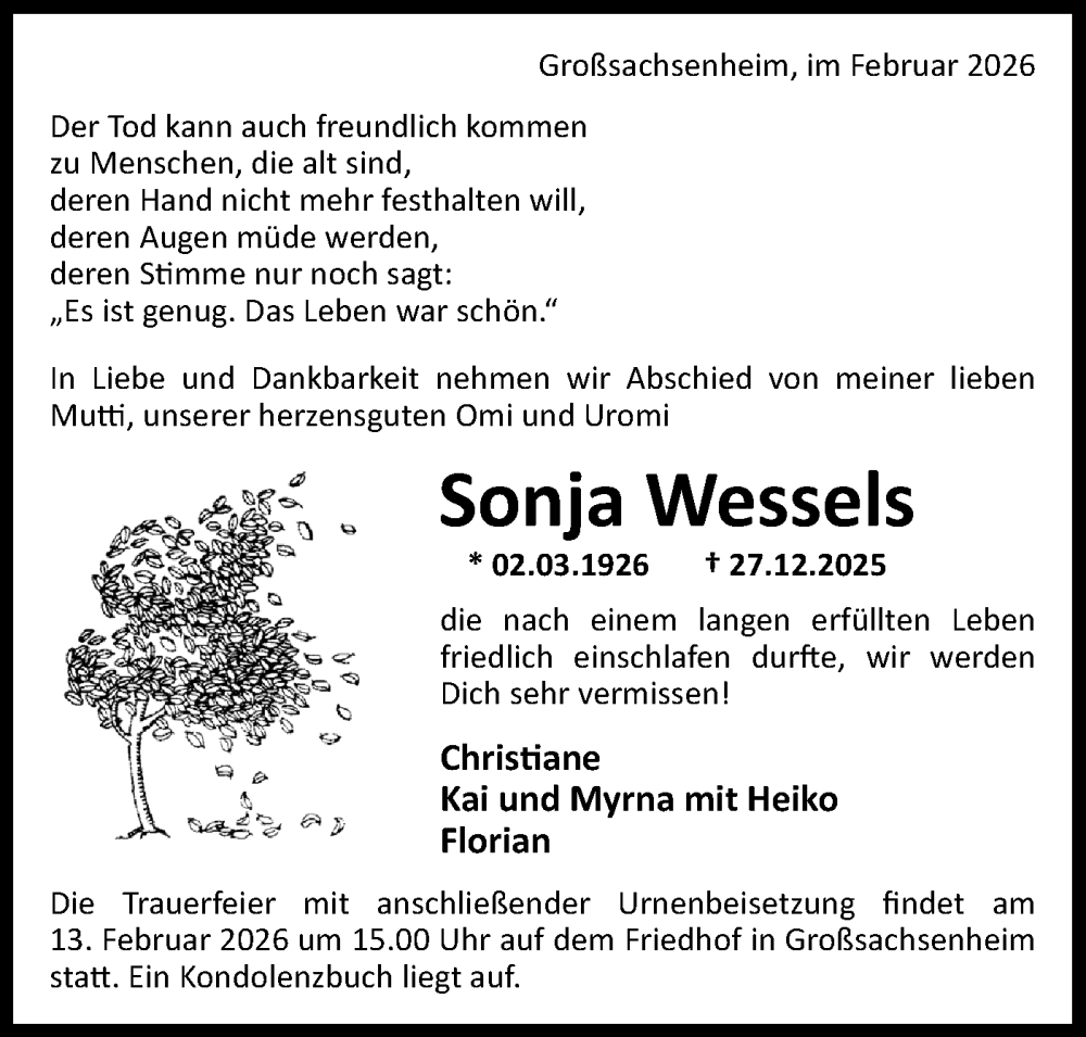  Traueranzeige für Sonja Wessels vom 07.02.2026 aus Bietigheimer Zeitung